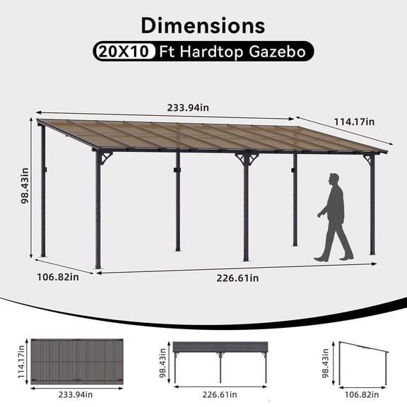 BREEZESTIVAL 20x10 Hard Top Gazebo Pergola- Wall Mounted Lean-to Aluminum Alloy Awning with Canopy Roof, All-Weather Outdoor Cover for Patio, Backyard, Deck