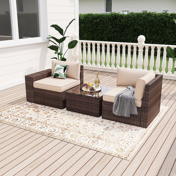 Sunmthink 3 Pcs Patio Furniture Sets with Coffee Table,Patio Conversation Sets,Brown