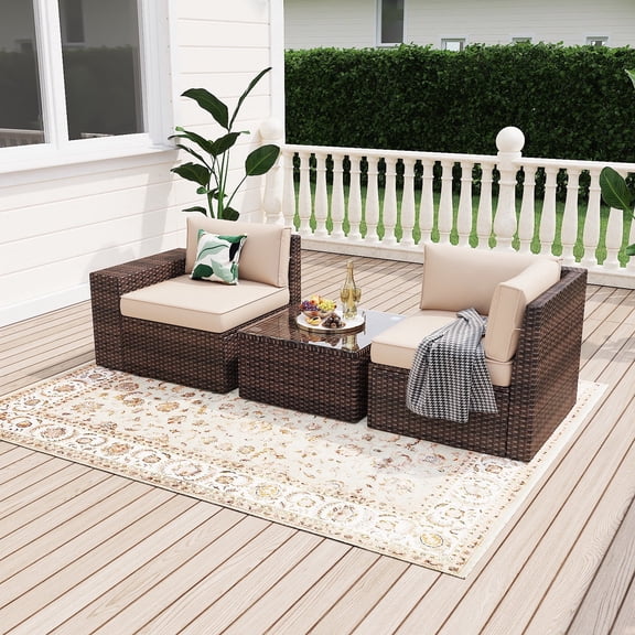 Sunmthink 3 Pcs Patio Furniture Sets with Coffee Table,Patio Conversation Sets,Brown