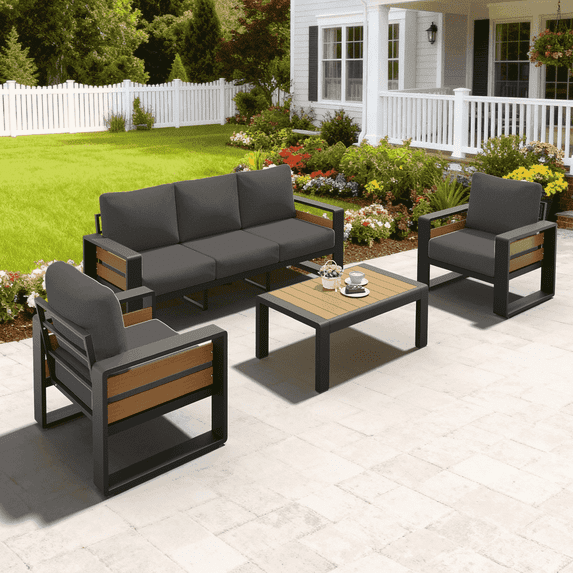 Dateyes 4-Piece Outdoor Metal Conversation Set, Aluminumn Patio Sectional Sofa Chat Seating Sets, Dark Gray