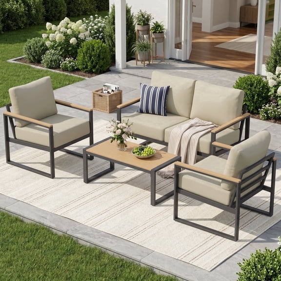 LazySunsets 4-Piece Outdoor Patio Furniture Set, Modern Metal Conversation Set for Porch, Deck, Balcony (Beige)