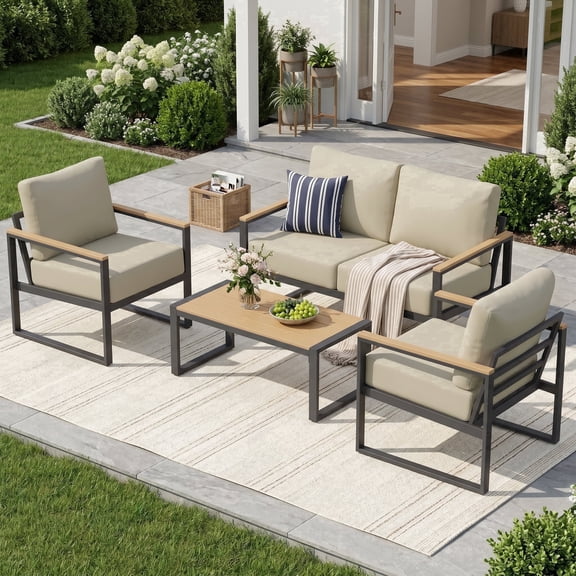 Dateyes 4-Piece Outdoor Patio Furniture Set, Modern Metal Conversation Set for Porch, Deck, Balcony (Beige)