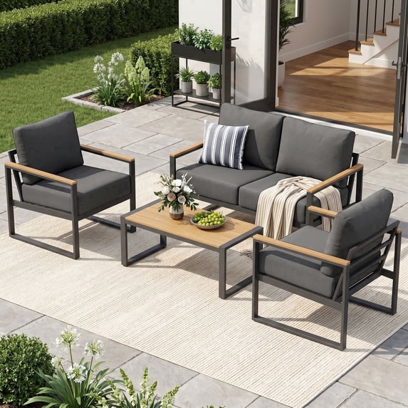 LazySunsets 4-Piece Outdoor Patio Furniture Set, Modern Metal Conversation Set for Porch, Deck, Balcony (Dark Grey)