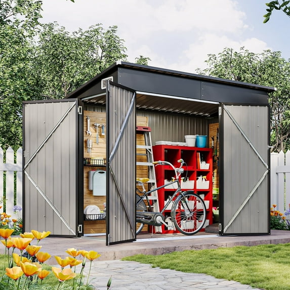 Sunmthink 4' x 8' Metal Storage Shed, Outdoor Storage Lean-to Shed with Triple Lockable Door and Vents for Garden, Black