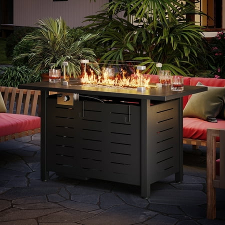 Sunmthink 44" Propane Fire Pit Table, 60,000 BTU Auto Ignition Steel Gas Fire Pit with Removable Lid & Waterproof Cover for Patio, Backyard, Black