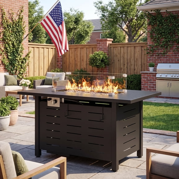 Sunmthink 44" Propane Fire Pit Table, 60,000 BTU Auto Ignition Steel Gas Fire Pit with Removable Lid & Waterproof Cover for Patio, Backyard, Black