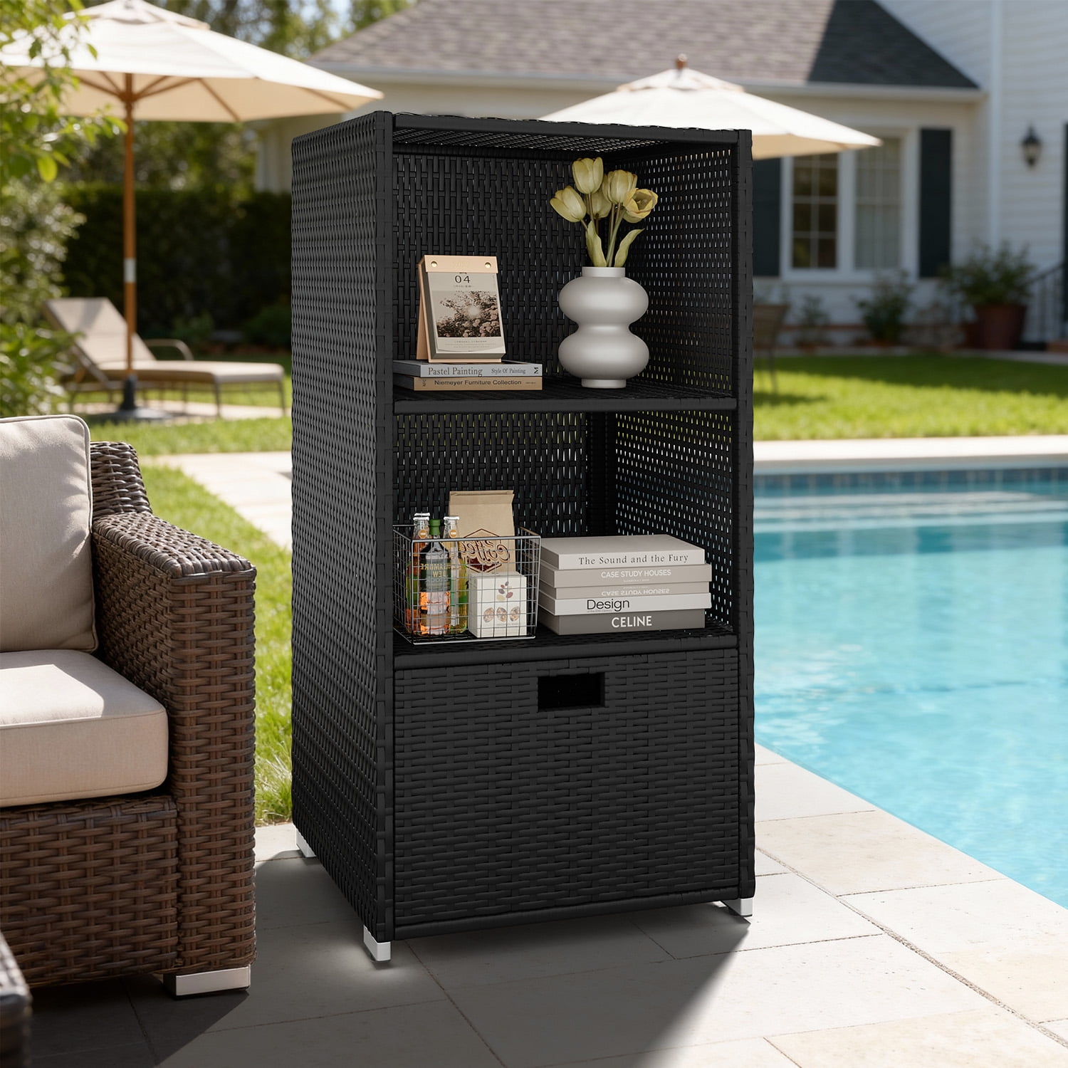 Sunmthink 47" 3-Tier Outdoor Rattan Storage Cabinet with Removable