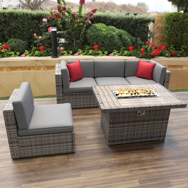 Sunmthink 5 Pcs Patio Furniture Sets with Fire Pit Table, Grey