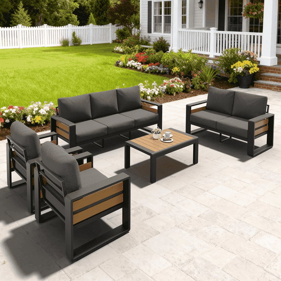 LazySunsets 5-Piece Outdoor Metal Conversation Set, Aluminumn Patio Sectional Sofa Chat Seating Sets, Dark Gray