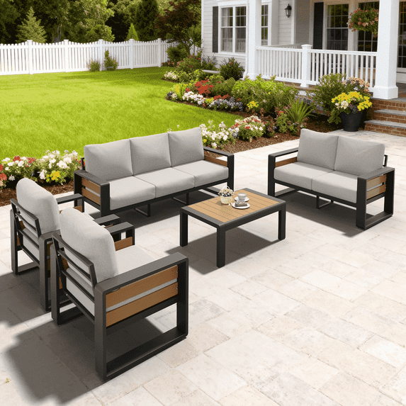 LazySunsets 5-Piece Outdoor Metal Conversation Set, Aluminumn Patio Sectional Sofa Chat Seating Sets, Light Gray