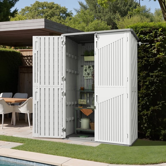 Sunmthink 5'X3' Resin Storage Shed with Floor, Outdoor Storage Shed, Waterproof Plastic Shed with Lockable Four Doors, Thick 4mm Resin Panels