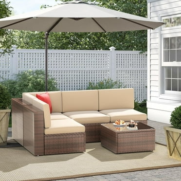 Sunmthink 5pcs Outdoor Patio Furniture Set, PE Rattan Wicker Sectional Conversation Set with Glass Coffee Table, Beige