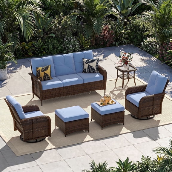Sunmthink 6-Piece Patio Furniture Set, High Back Swivel Rocker Chairs with Thick Cushions, Wicker Rattan Outdoor Sectional Sofa with Ottoman, Blue