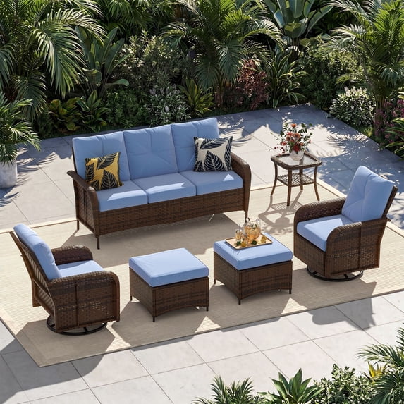 Sunmthink 6-Piece Patio Furniture Set, High Back Swivel Rocker Chairs with Thick Cushions, Wicker Rattan Outdoor Sectional Sofa with Ottoman, Blue