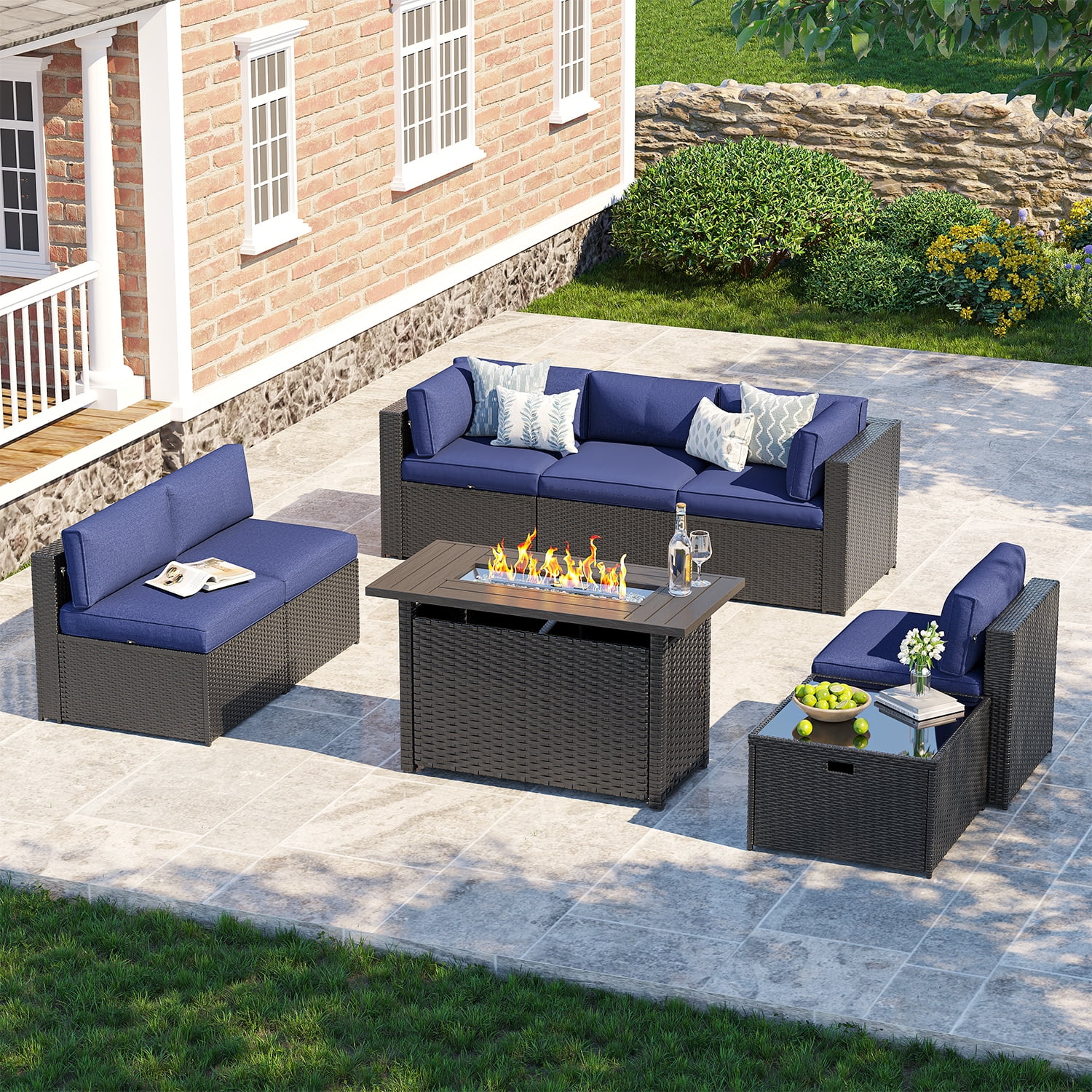 Sunmthink 8 Tempered Glass Waterproof Outdoor Conversation Sets with Sofa and Table, Blue