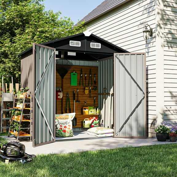 Sunmthink 6X4FT Outdoor Storage Shed with Plastic Floor, Metal Tool Shed with Lockable Door and Vents, Patio Shed for Garden, Backyard, Poolside, Brown