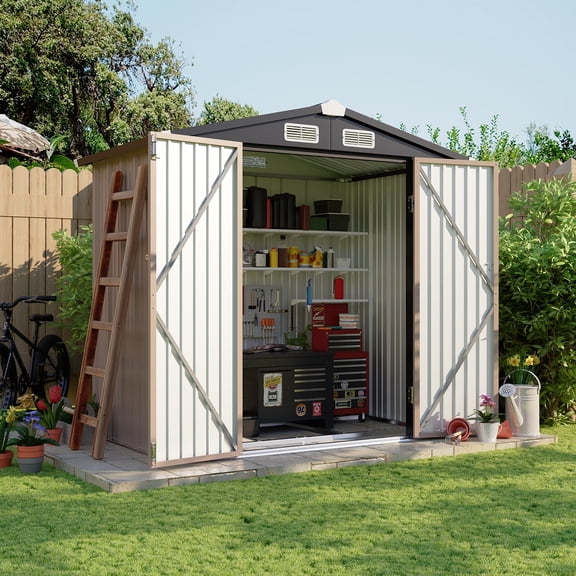 BaPiPro 6x4 ft Outdoor Storage Shed with Built-in Base - Heavy-Duty Metal Workshop Shed with Vents & Lockable Doors for Garden, Bike, and Tool Storage