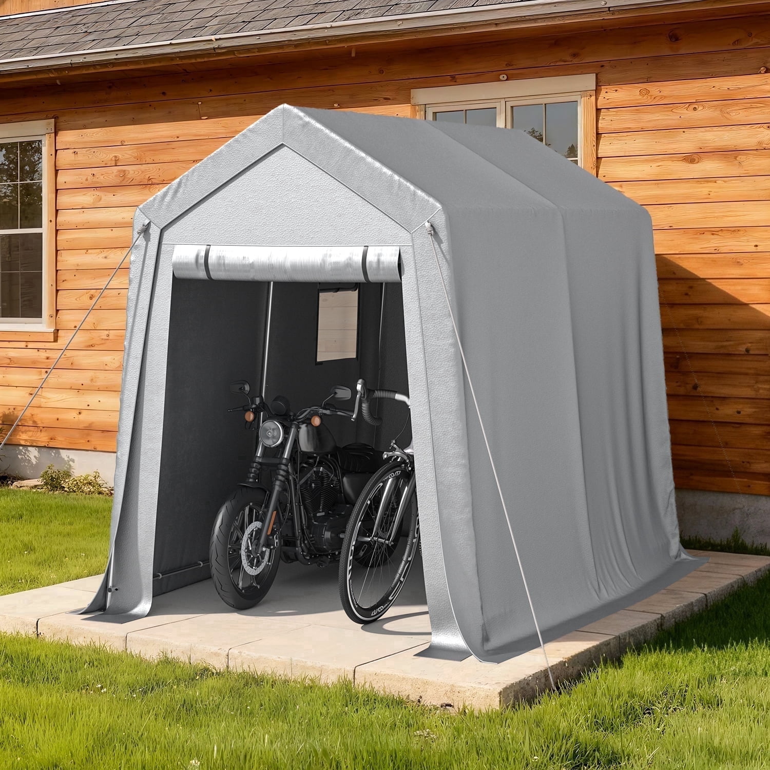 Sunmthink 6x8 FT Outdoor Carport Shed, Portable Storage Sheds with Roll-Up Door & Window, Motorcycle Shelter with Galvanized Steel Frame & Durable Tarp Cover for Bike, Lawn Equipment