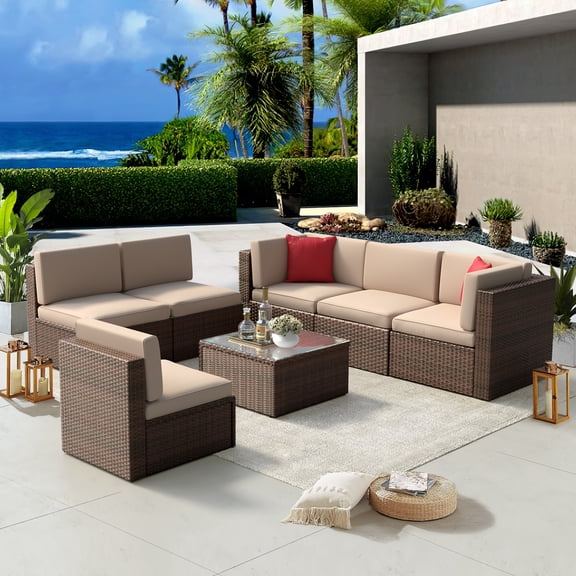 Sunmthink 7 Pcs Patio Furniture Sets with Coffee Table,Patio Conversation Sets,Brown