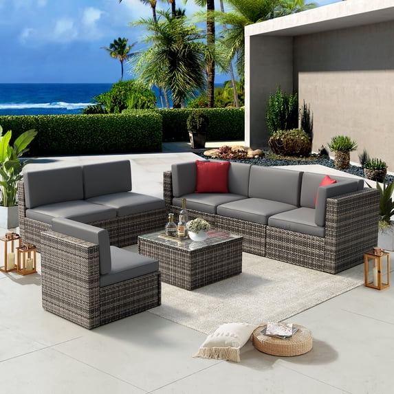 Sunmthink 7 Pcs Patio Furniture Sets with Coffee Table,Patio Conversation Sets,Grey