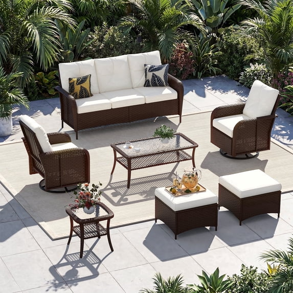 Sunmthink 7-Piece Patio Furniture Set, High Back Swivel Rocker Chairs with Thick Cushions, Wicker Rattan Outdoor Sectional Sofa with Coffee Table & Ottoman, Beige