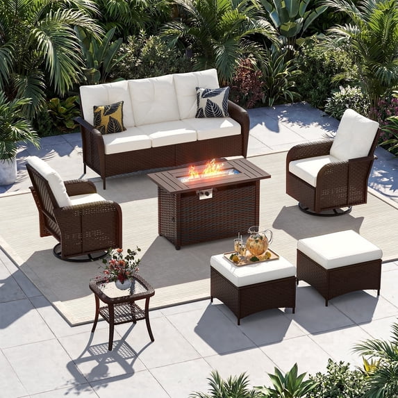 Sunmthink 7-Piece Patio Furniture Set, High Back Swivel Rocker Chairs with Thick Cushions, Wicker Rattan Outdoor Sectional Sofa with Fire Pit & Ottoman, Beige