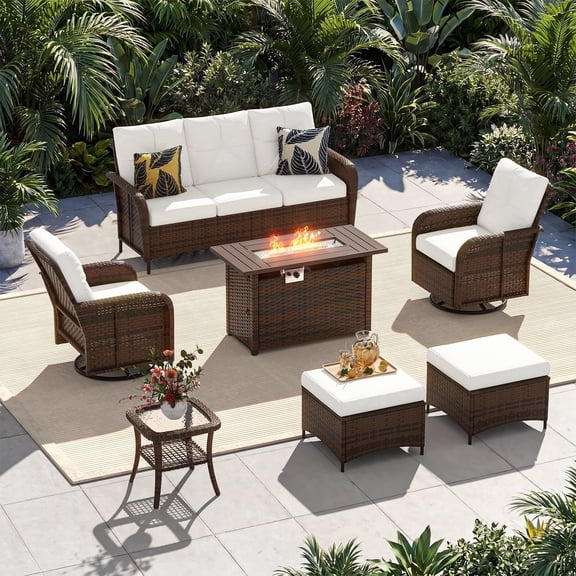 Sunmthink 7-Piece Patio Furniture Set, High Back Swivel Rocker Chairs with Thick Cushions, Wicker Rattan Outdoor Sectional Sofa with Fire Pit & Ottoman, Beige