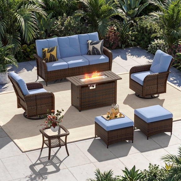 Sunmthink 7-Piece Patio Furniture Set, High Back Swivel Rocker Chairs with Thick Cushions, Wicker Rattan Outdoor Sectional Sofa with Fire Pit & Ottoman, Blue