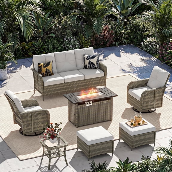 Sunmthink 7-Piece Patio Furniture Set, High Back Swivel Rocker Chairs with Thick Cushions, Wicker Rattan Outdoor Sectional Sofa with Fire Pit & Ottoman, Gray