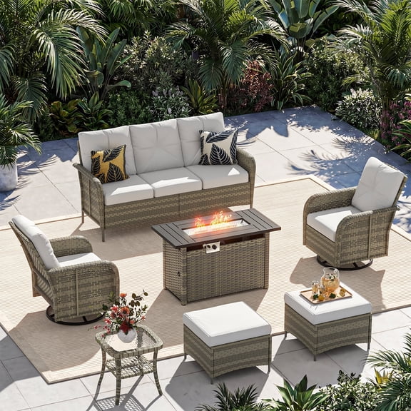 Sunmthink 7-Piece Patio Furniture Set, High Back Swivel Rocker Chairs with Thick Cushions, Wicker Rattan Outdoor Sectional Sofa with Fire Pit & Ottoman, Gray