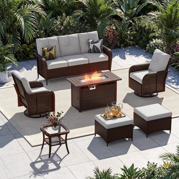 Sunmthink 7-Piece Patio Furniture Set, High Back Swivel Rocker Chairs with Thick Cushions, Wicker Rattan Outdoor Sectional Sofa with Fire Pit & Ottoman, Gray