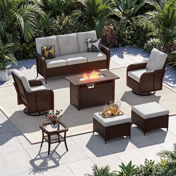 Sunmthink 7-Piece Patio Furniture Set, High Back Swivel Rocker Chairs with Thick Cushions, Wicker Rattan Outdoor Sectional Sofa with Fire Pit & Ottoman, Light Grey