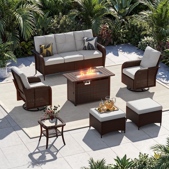 Sunmthink 7-Piece Patio Furniture Set, High Back Swivel Rocker Chairs with Thick Cushions, Wicker Rattan Outdoor Sectional Sofa with Fire Pit & Ottoman, Light Grey