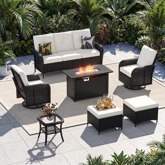 Sunmthink 7-Piece Patio Furniture Set, High Back Swivel Rocker Chairs with Thick Cushions, Wicker Rattan Outdoor Sectional Sofa with Fire Pit & Ottoman, Beige & Black Rattan