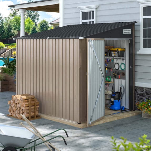 Sunmthink 7'x5.5' Lean to Shed with Side Door Waterproof Utility Shed with Sloped Roof, Lockable Door, Brown