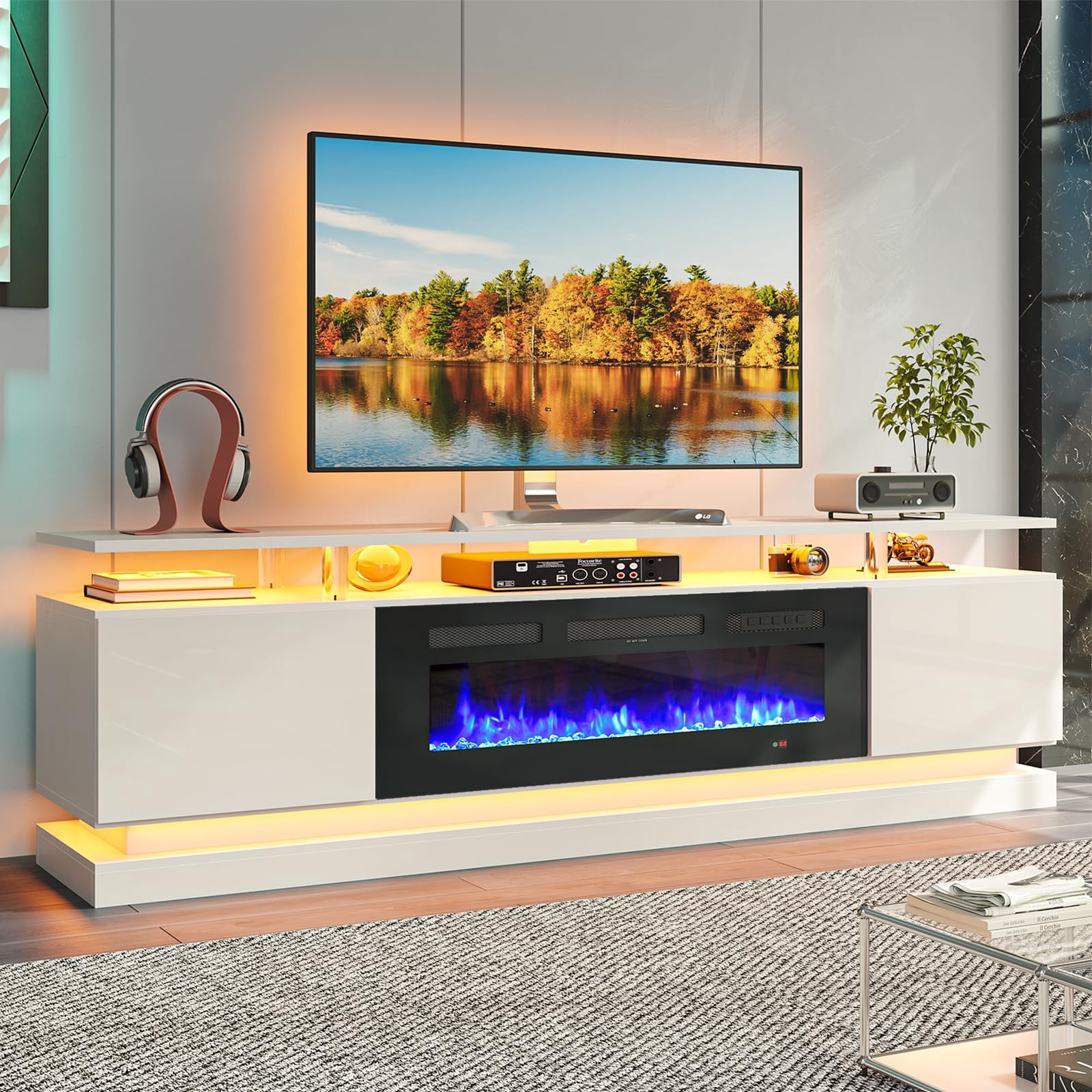 Sunmthink 70" Fireplace TV Stand, Modern Entertainment Center for TVs Up to 80”, TV Console with Storage Cabinets, Media Console for Living Room, white