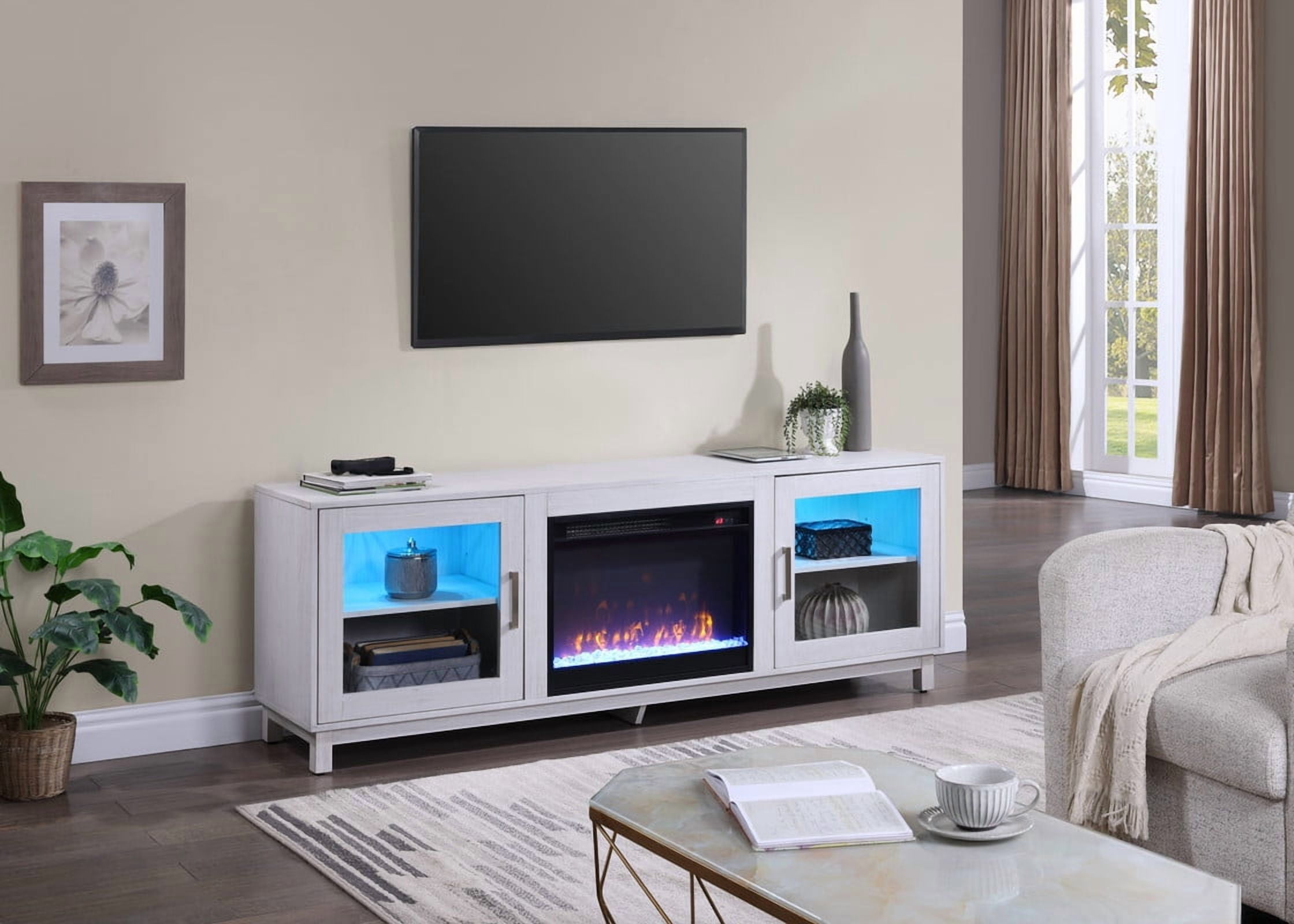 BaPiPro 70" Wide TV Stand Console with Electric Fireplace, Heater, and Storage Cabinets, White Walnut Finish