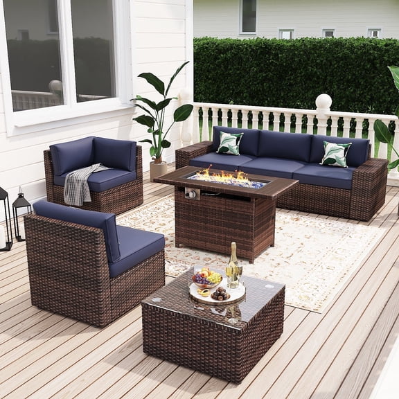 Sunmthink 7Pcs Outdoor Patio Furniture Set with Fire Pit Table Wicker Rattan Sectional Sofa Patio Conversation Sets-Blue(with Waterproof Cover)