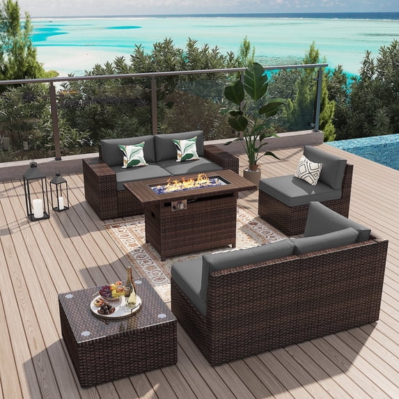 Sunmthink 7Pcs Outdoor Patio Furniture Set with Fire Pit Table Wicker Rattan Sectional Sofa Patio Conversation Sets-Gray(with Waterproof Cover)