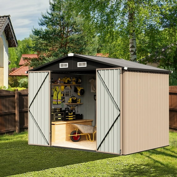 Sunmthink 8.5 x 5.6 FT Outdoor Storage Shed with Base Frame, Metal Shed for Garden, Backyard, Patio, Brown