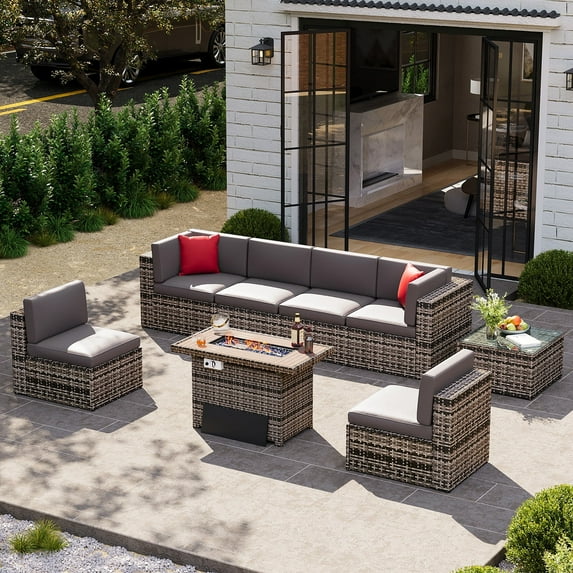 Sunmthink 8 Pcs Patio Conversation Sets with Fire Pit Table,Outdoor Funituire Sets,Gray