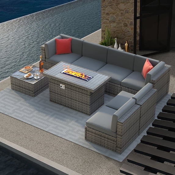 Sunmthink 8 Pcs Patio Conversation Sets with Fire Pit Table,Outdoor Funituire Sets Grey