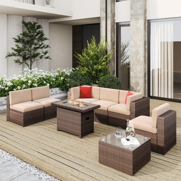 Sunmthink 8 Pcs Patio Furniture Sets with Fire Pit Table,Patio Conversation Sets,Brown
