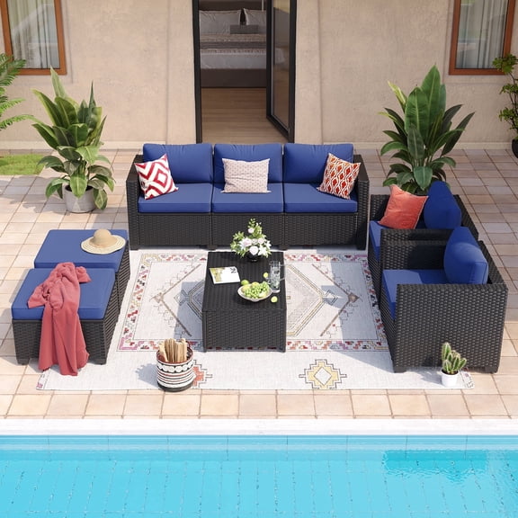 Sunmthink 8 Piece Outdoor Patio Wicker Furniture Set, Rattan Sectional Sofa with Navy Blue Cushions