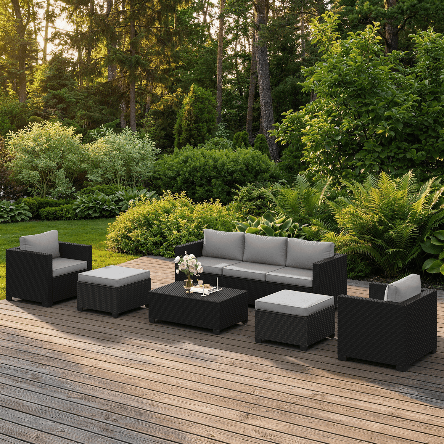 Sunmthink 8 Piece Patio Furniture Set, Rattan Wicker Patio Conversation Set Outdoor Furniture, Light Gray