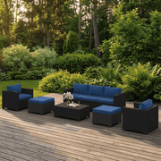 Dateyes 8 Piece Patio Furniture Set, Rattan Wicker Patio Conversation Set Outdoor Furniture, Navy Blue