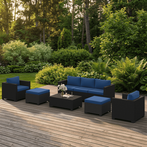 Sunmthink 8 Piece Patio Furniture Set, Rattan Wicker Patio Conversation Set Outdoor Furniture, Navy Blue