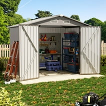 Sunmthink 8’x 6’ Outdoor Storage Shed with Base Frame, Tool Storage Shed with Double Lockable Door, Gray(Floor not included)
