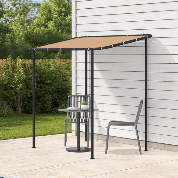 Sunmthink 8'x5' Wall-Mounted Pergola Canopy with Sloped Roof — Water-Resistant, UV-Protected Metal Gazebo for Backyard, Garden, or Porch in Khaki