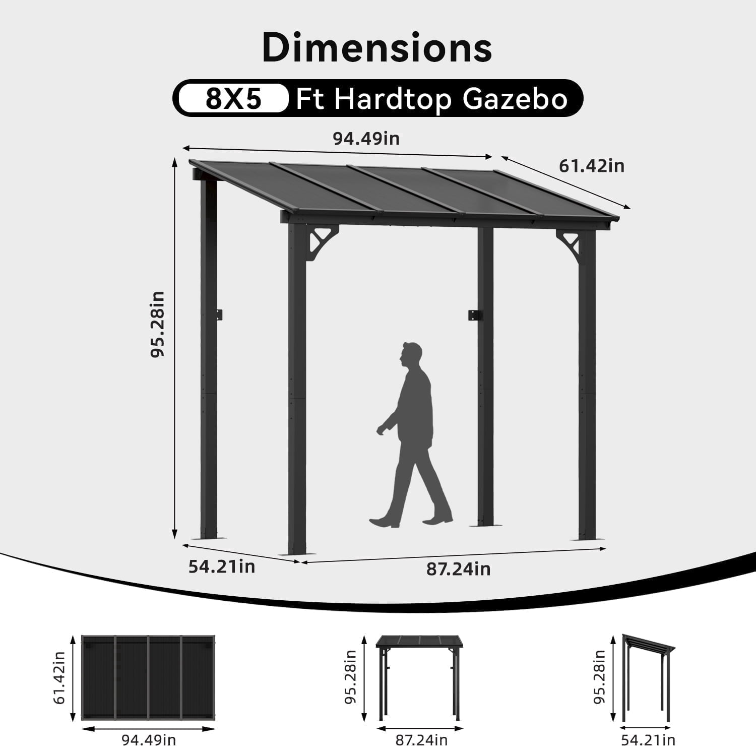 BREEZESTIVAL 8x5 Hard Top Gazebo Pergola- Wall Mounted Lean-to Aluminum Alloy Awning with Canopy Roof, All-Weather Outdoor Cover for Patio, Backyard, Deck